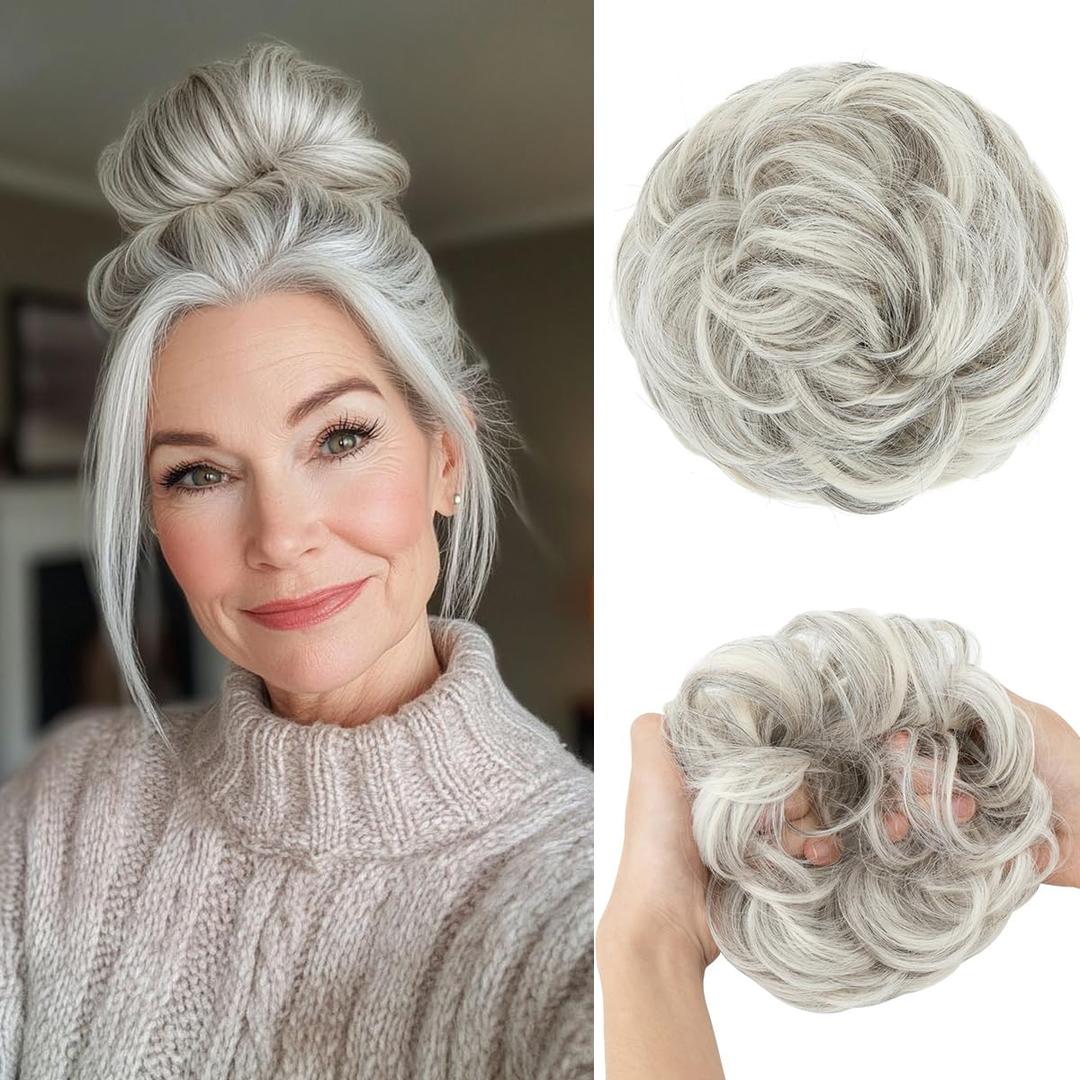 CJL HAIR Large Messy Bun Hair Piece Wavy Curly Scrunchies Synthetic Chignon Ponytail Hair Extensions Thick Updo Hairpieces for Women Grey Multi