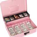 Cash Box with Money Tray and Combination Lock, Large Money Box for Cash Regiser, Safe Lock Box for Money Saving Metal 11.8"x9.45"x3.54" Pink XL Large