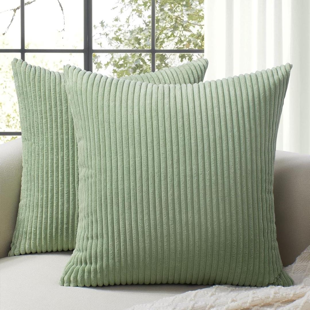 Softalker Throw Pillow Covers 18x18, Set of 2 Decorative Soft Corduroy Striped Boho Spring Pillow Cover, Modern Cushion Covers for Farmhouse Home Decor Couch Sofa Bed Living Room, Sage Green