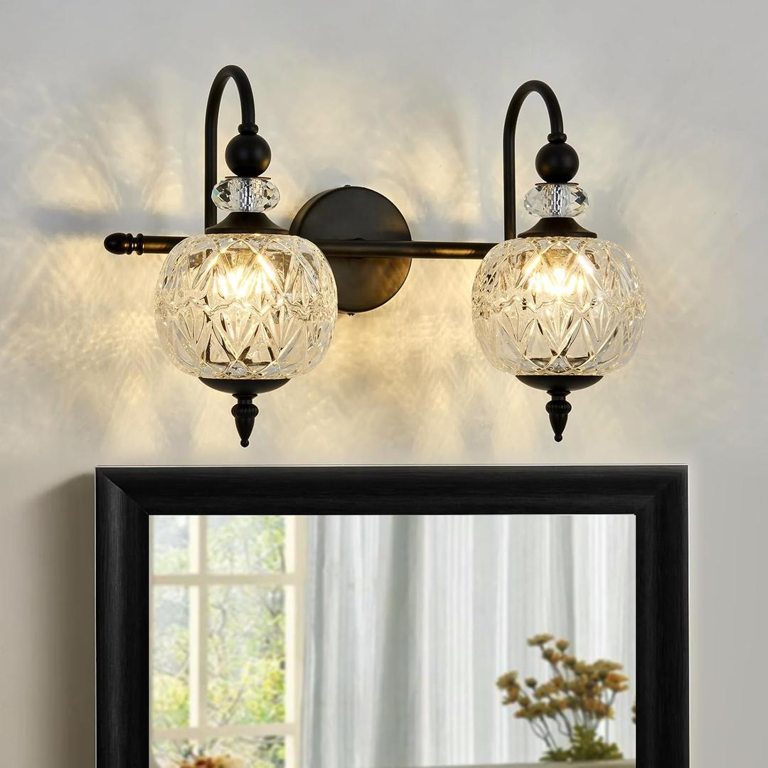Vintage Bathroom Light Fixtures Black Vanity Light with Glass Globe LampShade 2 Lights Mid Century G9 Bulb Wall Sconce Indoor Vanity Light Over Mirror for Kitchen Bedroom Farmhouse