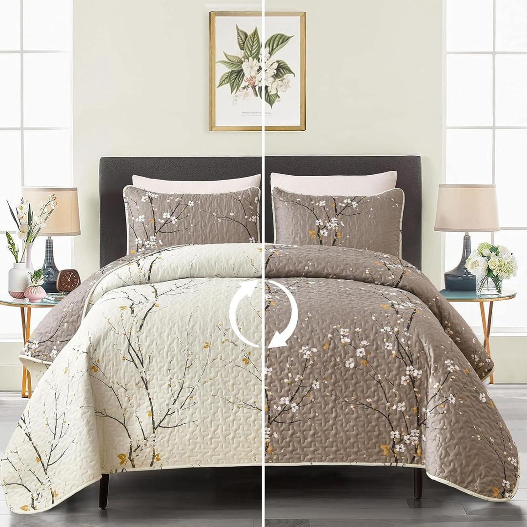 3 Pieces Floral Quilt Set Queen Size Tan Branch Pattern Quilt, Cream White Floral Reversible Bedspread, Soft Microfiber Botanical Floral Summer Quilt Bedding Coverlet Set for All Season (96''x90'')