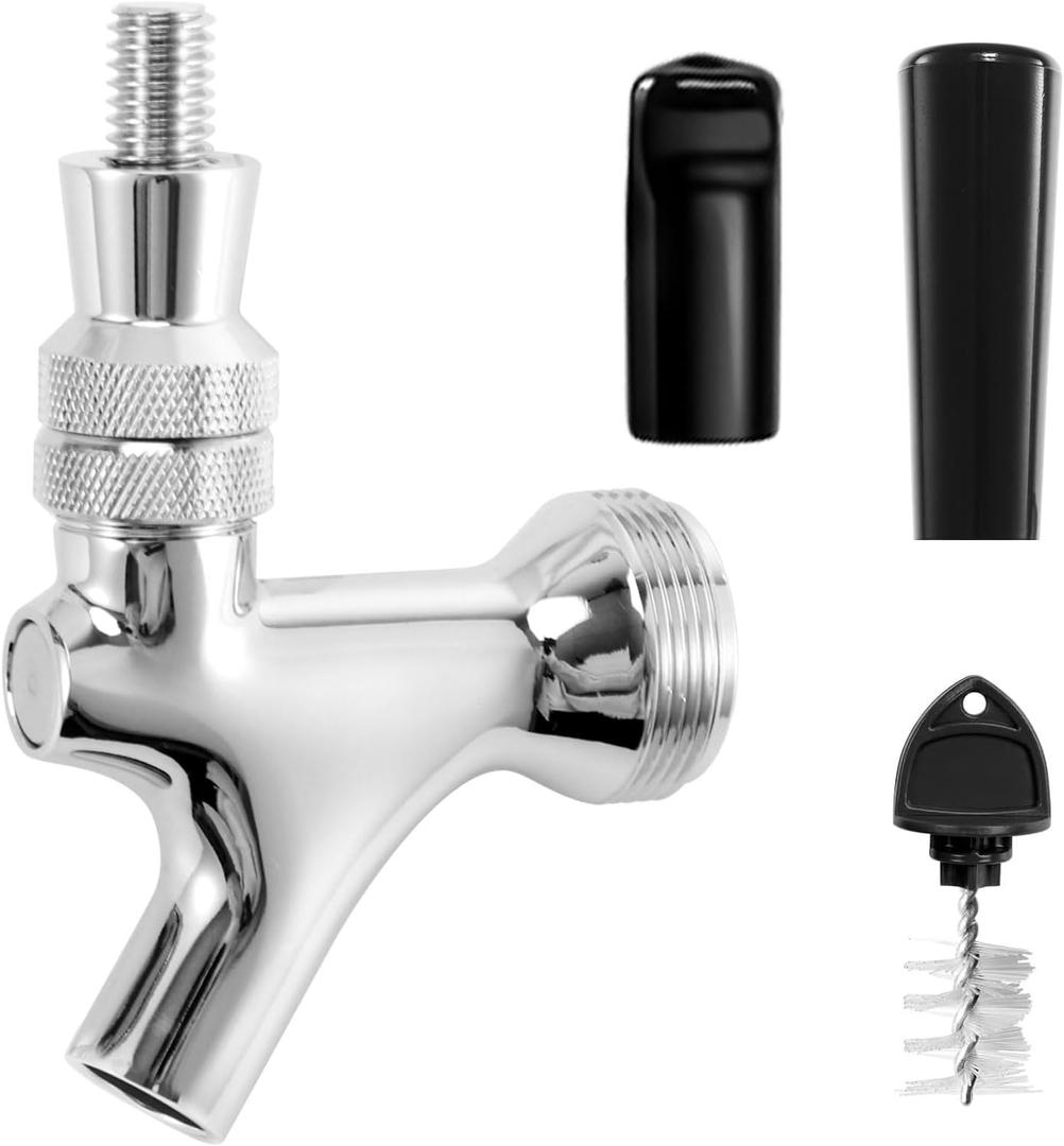 Beer Faucet Beer Tap for Kegs Kegerator Draft Beer Tower, Classic & Standard American Keg Beer Faucet with Kegerator Tap Plug (Stainless Steel Core & Brass Body) (Chrome)