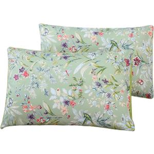 WINLIFE 100% Cotton Pillowcases King Size Sage Green Garden Floral & Butterflies Printed Pillow Cover 2 Pack, Soft Smooth Cool Envelope Closure Pillow Case Set (King, 20"x36")