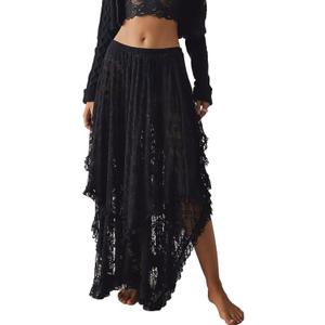 R.Vivimos Women Lace Long Skirts Summer Elastic Asymmetrical Layered Hem Sexy See-Through Beach Floral Maxi Skirts (Black)
