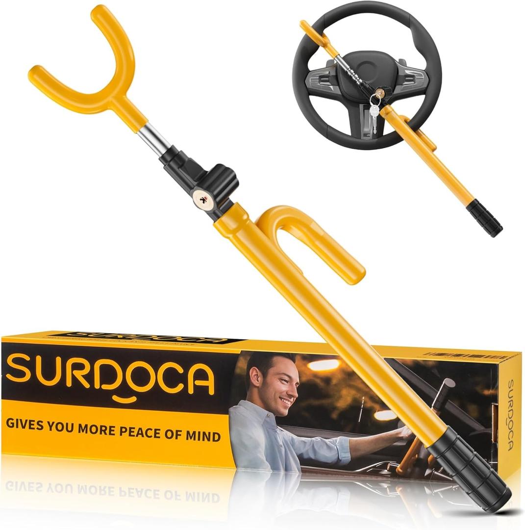 SURDOCA Upgraded Car Steering Wheel Lock Anti-Theft Device, Steering Wheel Locks for Car SUV, Easy Installation, Rubber Protection, Extendable Universal Security Device (XL-16.9" Extendable Length, Yellow)