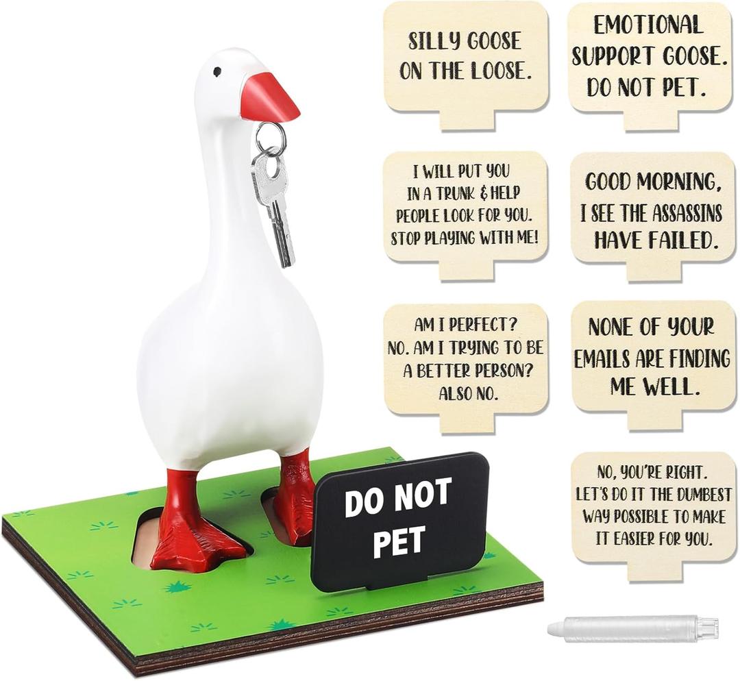 Relaxweex Magnetic Goose Key Holder Cute Statue Resin Goose Statue with Wooden Base Writable Sign Chalk for New Apartment Housewarming Gift Office Table Desk Home Decor (Funny Quotes,11 Pcs)