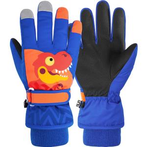 Kids Winter Gloves Waterproof Girls Boys Ski Gloves Warm Snow Gloves Toddler Finger Gloves Mittens Royal Blue Dinosaur S
