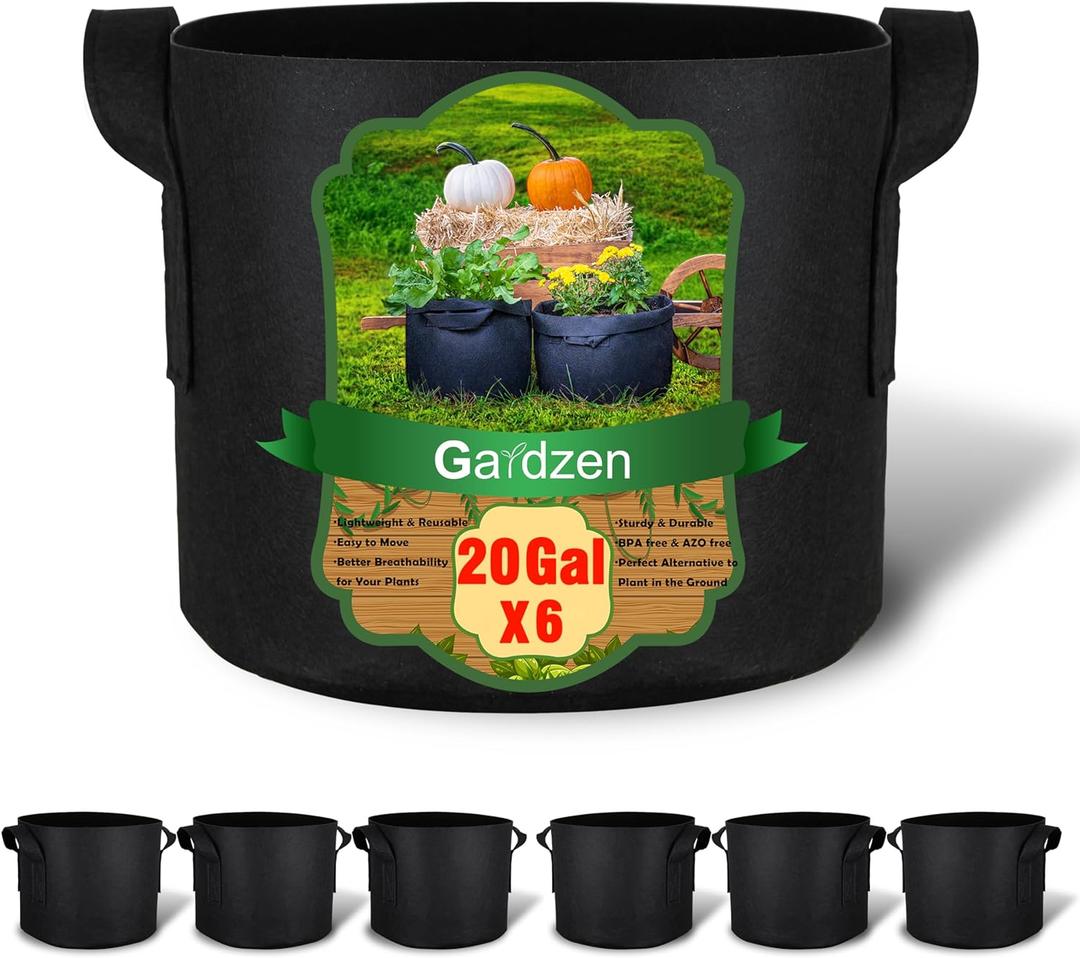 Gardzen 6-Pack 20 Gallon Grow Bags, Aeration Fabric Pots with Handles, Heavy Duty Cloth Pots for Plants