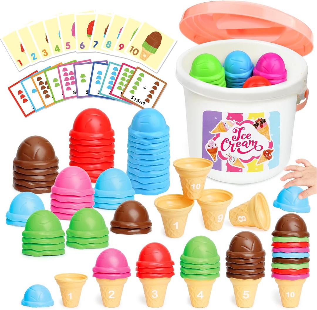 Ice Cream Toy Counting and Color Sorting Set for Toddlers, Montessori Preschool Kindergarten Learning Activities Fine Motor Skill Toys, Number Math Games Learning Toy Gifts for Kids Boys Girls Age 3-5