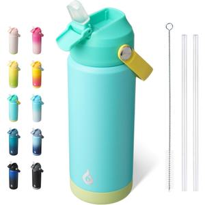 BJPKPK Insulated Water Bottle with Straw Lid, 18oz Thermos Water Bottles, Flex Handle & Non-slip Boot, BPA Free Leak Proof Stainless Steel Metal Thermos, Tumblers, Cups,Twilight Blue (18 Ounces)