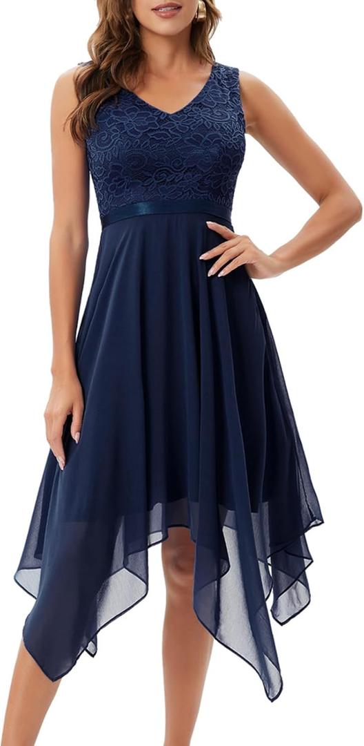 Meetjen Women's Lace Cocktail Party Dress 2025 Handkerchief Hem Bridesmaid Prom Formal Dresses for Wedding Guest, S
