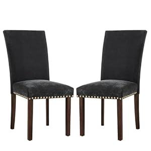 COLAMY Upholstered Parsons Dining Chairs Set of 2, Fabric Dining Room Kitchen Side Chair with Nailhead Trim and Wood Legs - F-Black