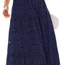 PRETTYGARDEN Summer Dresses for Women 2026 Eyelet Square Neck Puff Sleeve Smocked Wedding Guest Maxi Dress with Pockets (Medium, Navy)