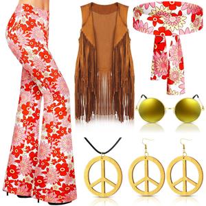 Haull 7 Pcs 60s 70s Disco Hippie Outfits for Women Halloween Costume Set Boho Flared Pants Fringe Vest Peace Sign (Large)