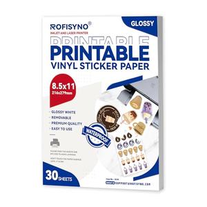 8.5x11 Printable Vinyl Sticker Paper Waterproof, Removable Self Adhesive Vinyl Sticker Sheets for Inkjet and Laser printer, 30 Pack, Letter Size, Glossy White