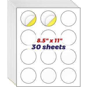 HABGP 2" Round Sticker Labels, Matte Circle Stickers for Inkjet Printer, Printable Blank White Strong Adhesive Labels for Logo, Business, 30 Sheets, 360 Labels