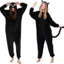 Black Cat Onesie Pajamas for Women Plush Animal One Piece Cute Cat Costume Sleepwear Halloween Cosplay Costume (Medium)