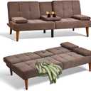 COLAMY Futon Sofa Bed-Fabric Small Couch, Lounge Convertible with 2 Cup Holders, Removable Soft Armrest, Adjustable Backrest for Dorm/Bedroom/College