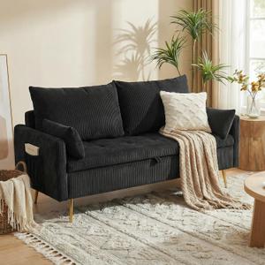 Furnimart Black Loveseat Sofa with HiddenStorage, Modern Upholstered 2 Seater Couch with Gold Metal Legs, Small Space Living Room Sofa, Comfy Corduroy Couch for Apartment, Bedroom, Office, Guest Room