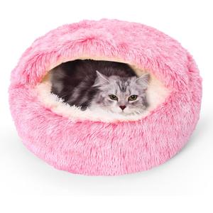 Calming Dog Beds & Cat Cave Bed with Hooded Cover,Removable Washable Round Beds for Small Medium Pets,Anti-Slip Faux Fur Fluffy Coved Bed for Improved Sleep,Fits up to 15/25 lbs(Pink,S)