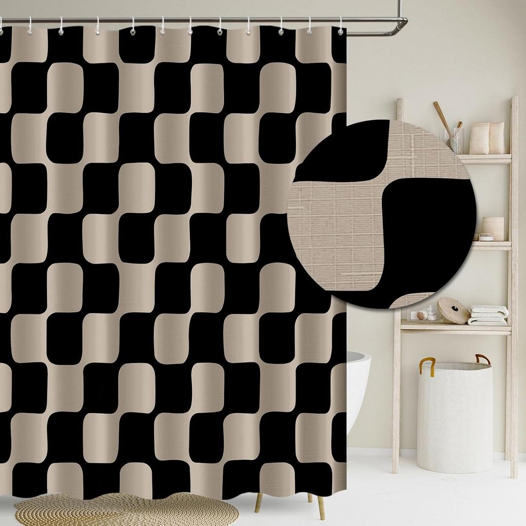 Tititex Retro Checkerboard Grid Pattern 140gsm Faux Linen Fabric Shower Curtain, Black Brown Classical Groovy Wavy Checkered Shower Curtain Sets Decoration 72x72 Inch with Hooks