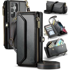 Crossbody Wallet Case Compatible with Samsung Galaxy S22 Ultra 5G RFID Blocking 10-Card Holder Soft PU Leather Magnetic Snap Strap Zipper Pocket Phone Case Fit for Galaxy S22 Ultra - Black