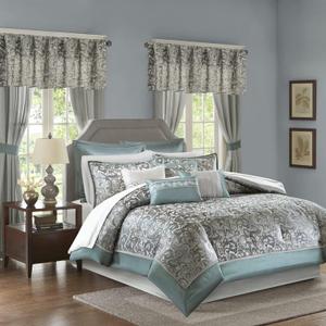 Madison Park 24 Piece Faux Silk Paisley Queen Comforter Set with Matching Curtains, Down Alternative Hypoallergenic - Teal, Queen (90 in x 90 in)