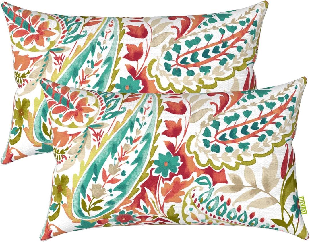 LVTXIII 1220 Inch Outdoor Lumbar Pillows, Pack of 2 Water Repellent Lumbar Pillow with Inserts, Fluffy Decorative Garden Lumbar Cushions for Home Patio Coach Sofa Use, Pretty Paisley