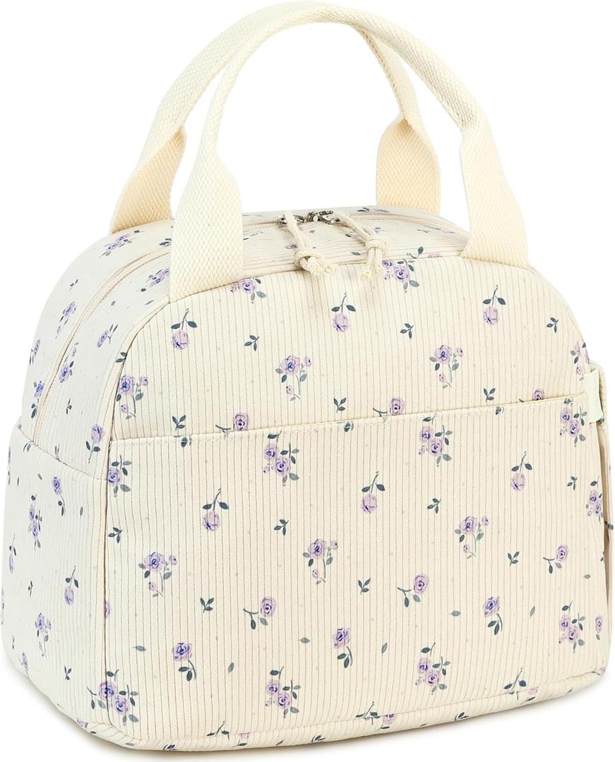 LEDAOU Lunch Box for Women Insulated Lunch Bag Cute Lunchbox Compact Cooler Thermal Reusable Lunch Tote for Work School Picnic Travel (Purple Flowers)