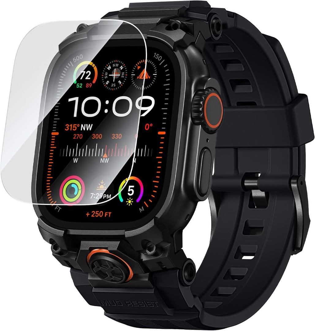 Bandletic Sport Bands Compatible with Apple Watch Ultra 3 2 1 49mm Band for Men, Soft Silicone Strap with Screen Protector, Stainless Steel Connector, Only Fit for iWatch Ultra 49mm bands, Black/Black