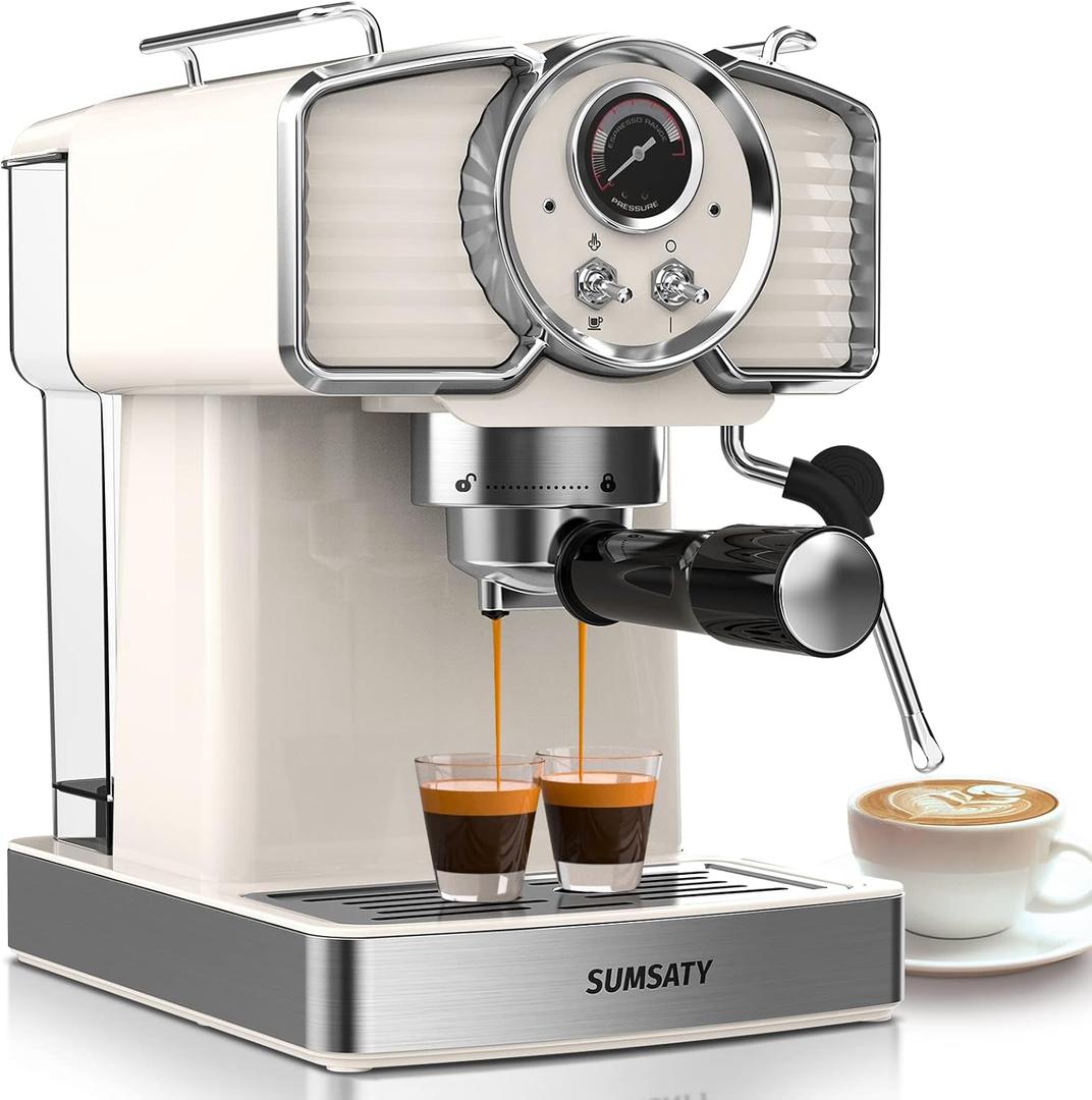 Espresso Machine 20 Bar, Professional Espresso Maker with Milk Frother Steamer Wand, Espresso Coffee Machine Off-white, Cappuccino & Latte Machine for Home, Retro, 1.8L Removable Water Tank