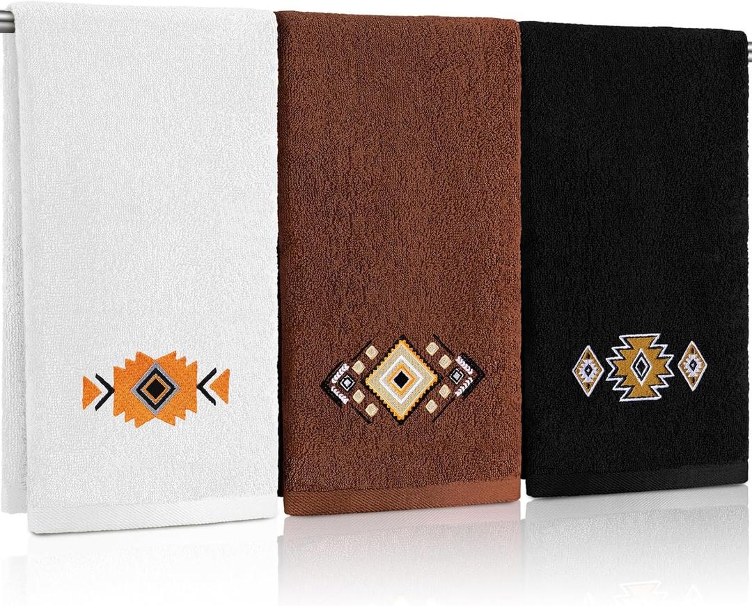 3 Pcs Western Aztec Hand Towels Southwestern Bathroom Decor Southwest Sunset Embroidered Rustic Boho Decorative Towels for Bathroom Kitchen Decor, 100% Cotton, 13.3 x 29.5''
