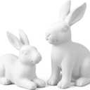 Set of 2 White Frosted Rustic Easter Bunny Figurines - Distressed Resin Rabbit Statues for Farmhouse Home Decor - Vintage Spring Bunny Ornaments for Tabletop, Mantel & Shelf Display