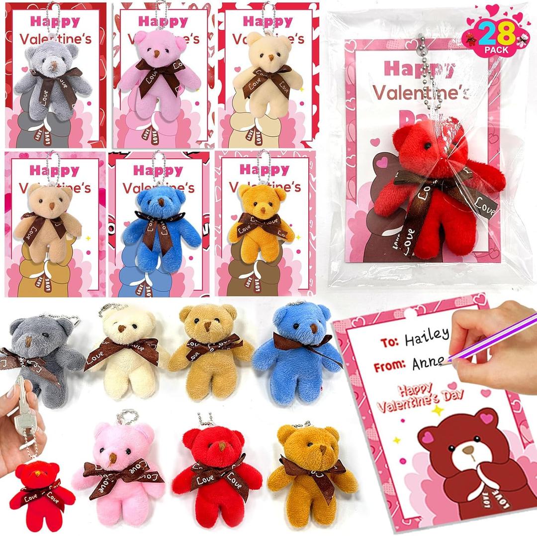 AMENON 28 Pack Valentine's Day Bear Plush Toys with Cards, Valentines Gifts for Kids Classroom School Mini Stuffed Animals Keychains Hangable , Exchange Party Favor Prizes Toddlers Boys Girls Goodie