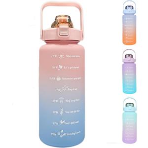 HANDA 64 OZ Half Gallon Motivational Water Bottle with Time Marker & Removable Straw, Handle, BPA Free Leakproof Non-Toxic 2L Large Water Jug for Fitness Gym Outdoor Sports (Pink/Blue)