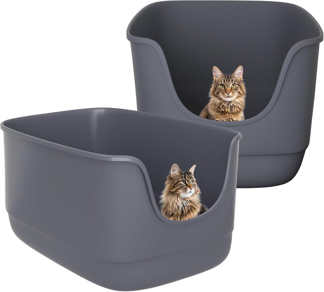 High Sides Cat Litter Box 24.6''Lx18.3''Wx12.2''H Jumbo Litter Pan for Multi Cats Households, Extra Large Open Big Cat Litter Box with High Wall Anti-Splashing for Kitty(Pack of 2) (Grey+Grey)
