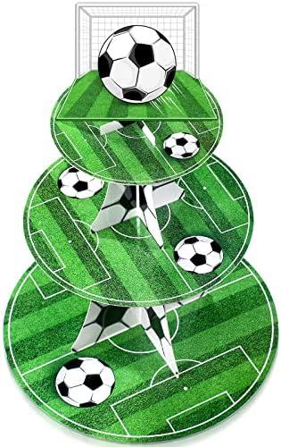 Cupcake Topper Soccer Ball - 3 Tier Football Stand, Soccer Field Decor for Teen Sports Birthday Party Supplies