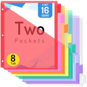 Forvencer 16 Count Dividers with Two Pockets, 8 tabs Binder Dividers for 3 Ring Binder Organizer, Multicolor, 2 Sets