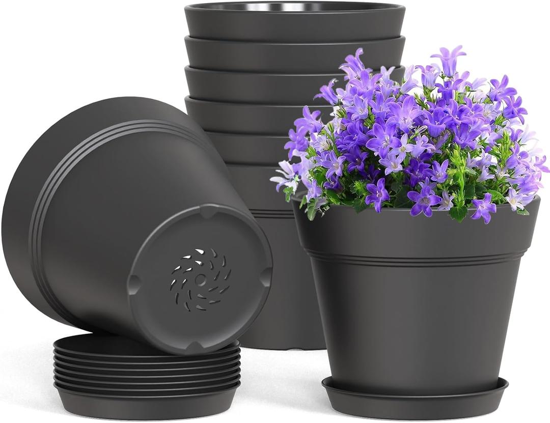 4 Inch Plastic Plant Pots with Drainage Holes and Trays  8 Pack Small Nursery Pots for Indoor & Outdoor House Plants and Flowers, Seedling Starter Planters, Matte Black