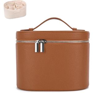 Leather Make Up Bags With Compartments, Brown travel Cosmetic Bags for Women, Parallel Makeup Travel Bags Organizer Equipped With a Detachable Divider, Brown
