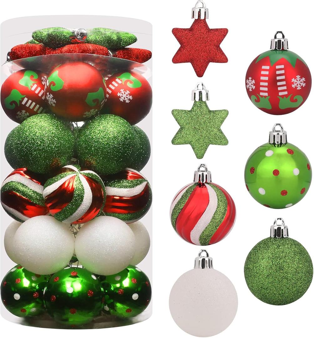 Ornament 35pcs Shatterproof Christmas Balls & Stars, Plastic, Red & Green, Hanging, for Xmas Tree Decorations, Wedding, Party Decors