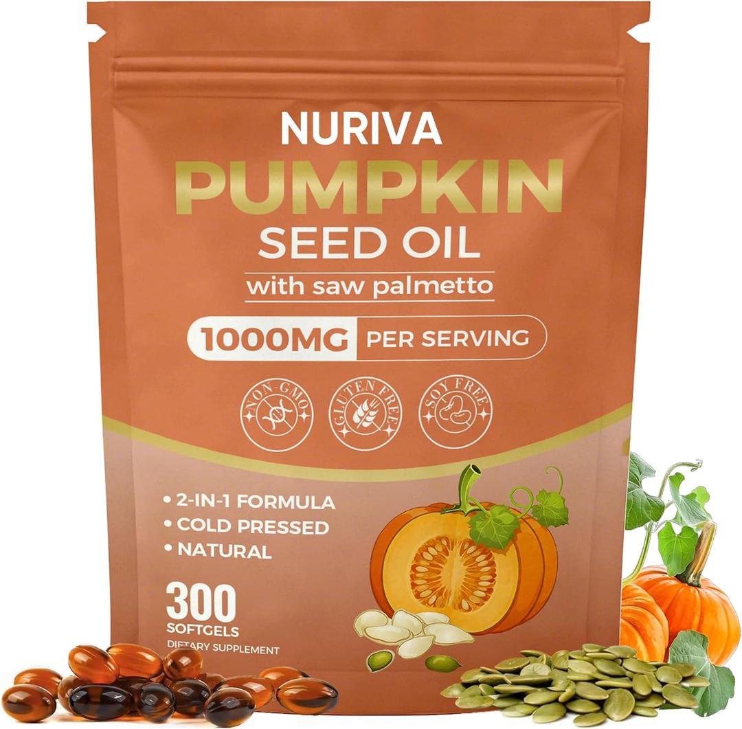 Pumpkin Seed Oil with Saw Palmetto Capsules 2-in-1 Formula, Cold-Pressed Virgin Oil, 300 Softgels | Essential Fatty Acids | Supports Hair Growth, Bladder & Prostate Health | Non-GMO(1 PACK)