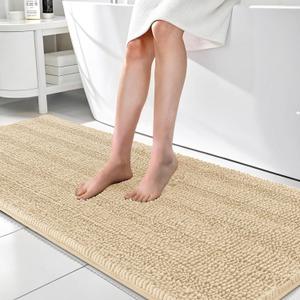 OLANLY Thick Bathroom Runner Rugs 70x24, Absorbent Chenille Striped Bath Rugs, Rubber Backing, Machine Wash Dry, Extra Long Bath Mats for Bathroom Floor, Tub and Shower, Home Decor Accessories, Beige