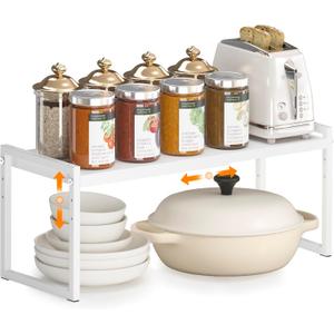 DOLALIKE Expandable Kitchen Countertop Organizer, Stackable Cabinet Shelf Organizers, Space Saving Spice Rack Pantry Storage for Bathroom Office Organization (White, 1-Tier)