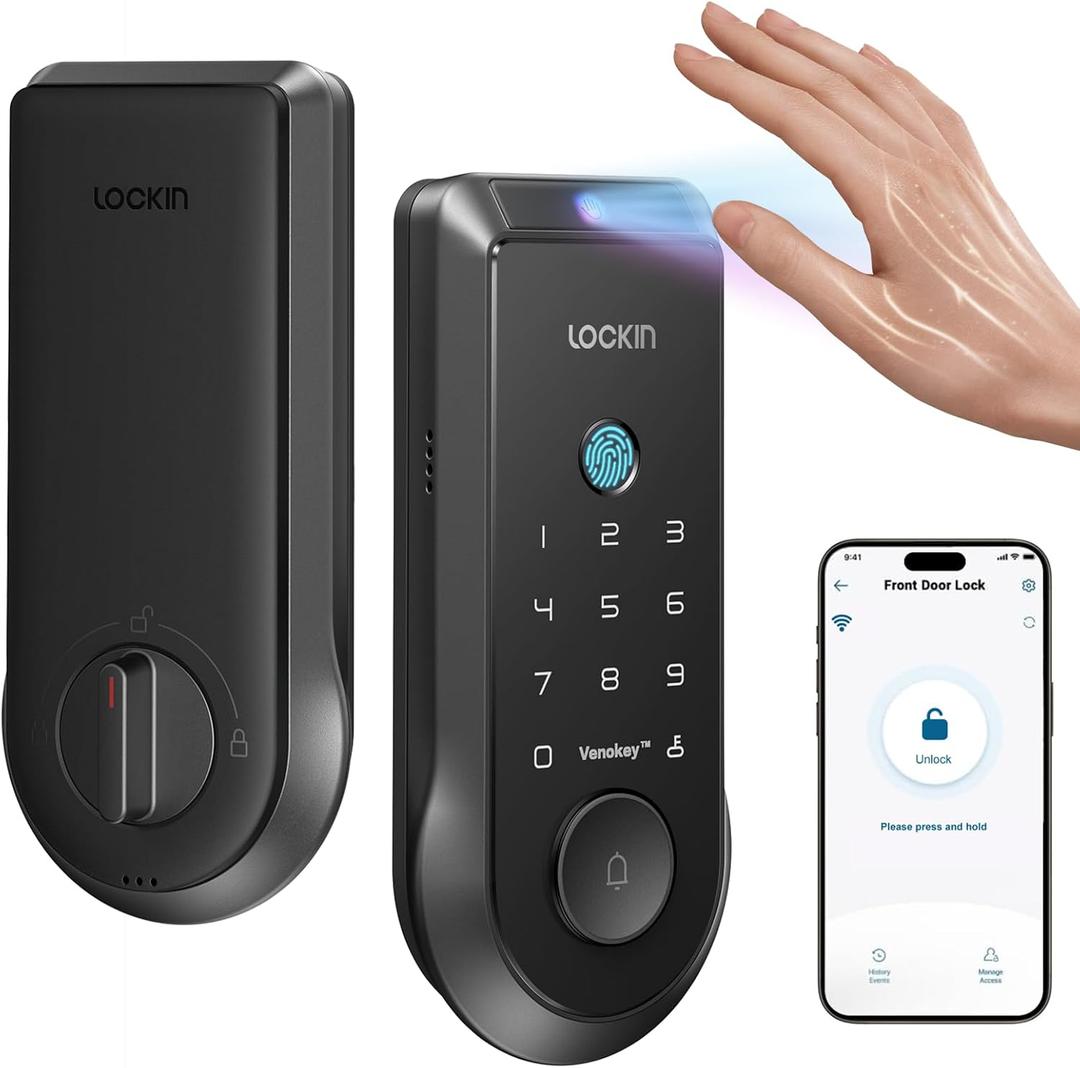 Lockin Veno Smart Lock, Palm Vein Recognition, Built-in WiFi, Palm Vein & Fingerprint Unlock, Keyless Front Door Entry, App Control, AutoLock, AntiPeep PIN, 7Month Battery, IP65 Waterproof (Black)