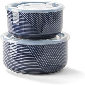 Ceramic Nesting Bowls with Lid: Microwave Safe Food Storage Containers for Work Lunch Picnic Camping Meal Prep Soup Salad Cereal Leftovers - 5 & 6 Inch, 20 & 32 oz, Set of 2, Navy
