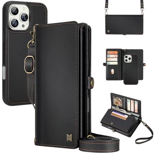 MEGSHI for Wallet Case Compatible with iPhone 16 Pro,Multi-Function Detachable 2 in 1 Magnetic iPhone 16 Pro Case Wallet,Flip Strap Zipper Card Holder Phone Case with Shoulder Straps (Black)