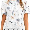 LOLONG Womens Short Sleeve Printed Tops Summer 2026 Crew Neck Color Block Casual Blouses (White, L)