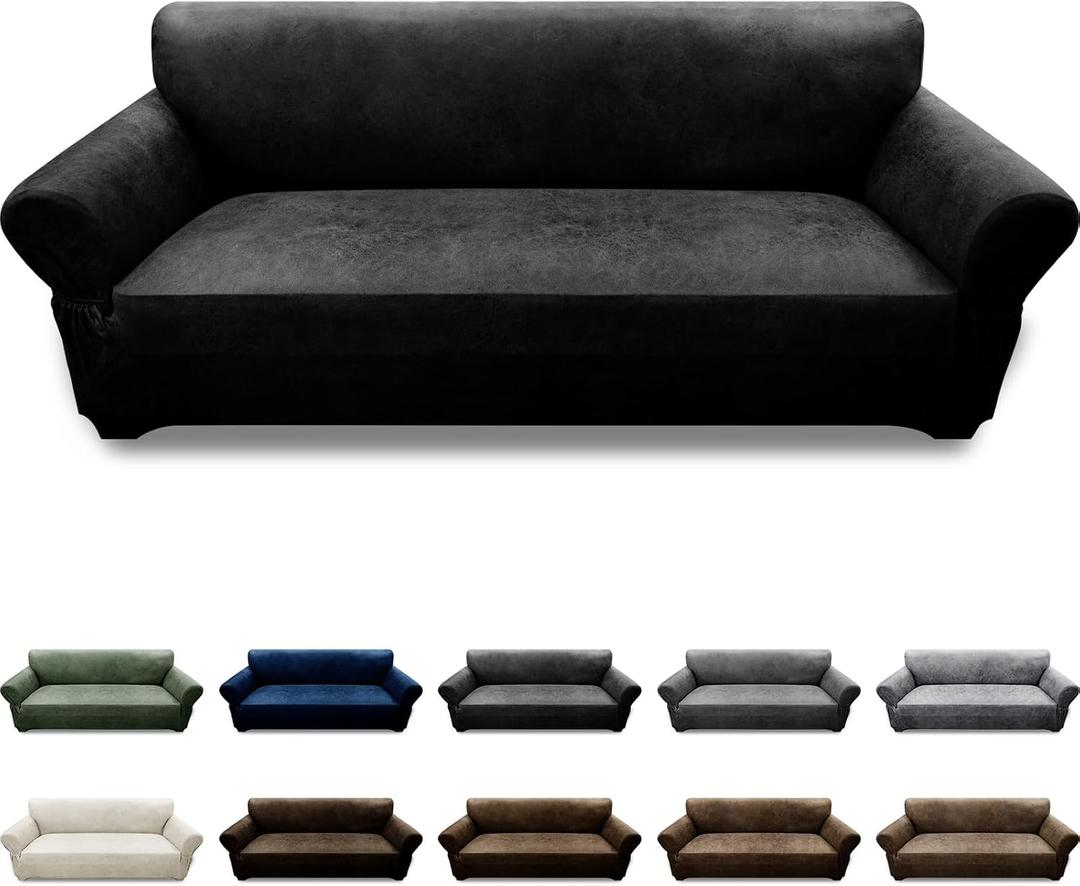 Pfrstuv Couch Cover Leather Look 3 Seater Couch Sofa Cover 1-Piece Sofa Slipcover Stretch Furniture Protector with Elastic Bottom & Pockets(Sofa, Black)