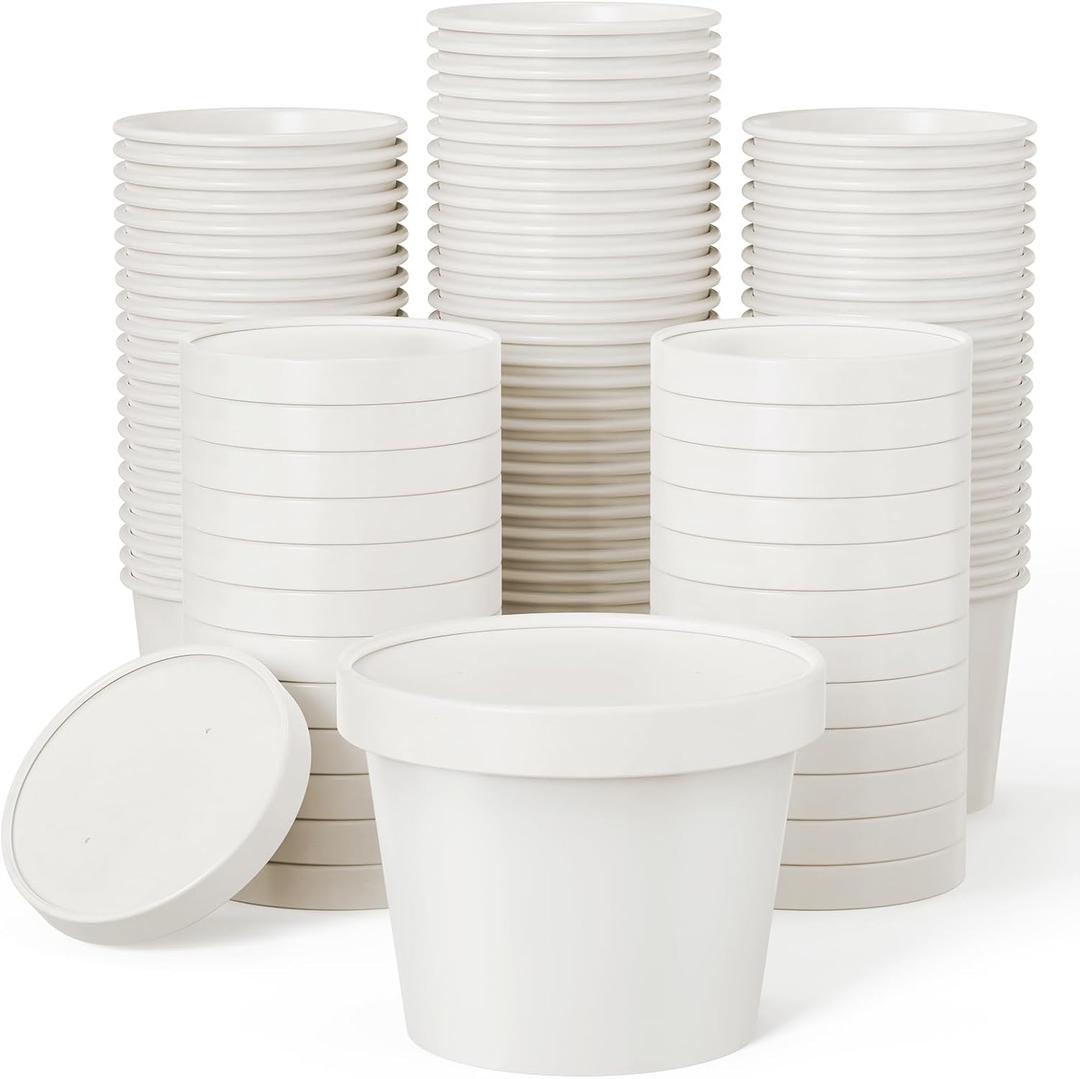 JOLLY PARTY 50pack 12oz Paper Soup Containers with Lids, Disposable Paper Food Cups, Ice Cream Cups, Food Storage with Lids, Microwavable and Freezer Safe, Suitable for Christmas Thanksgiving (White)